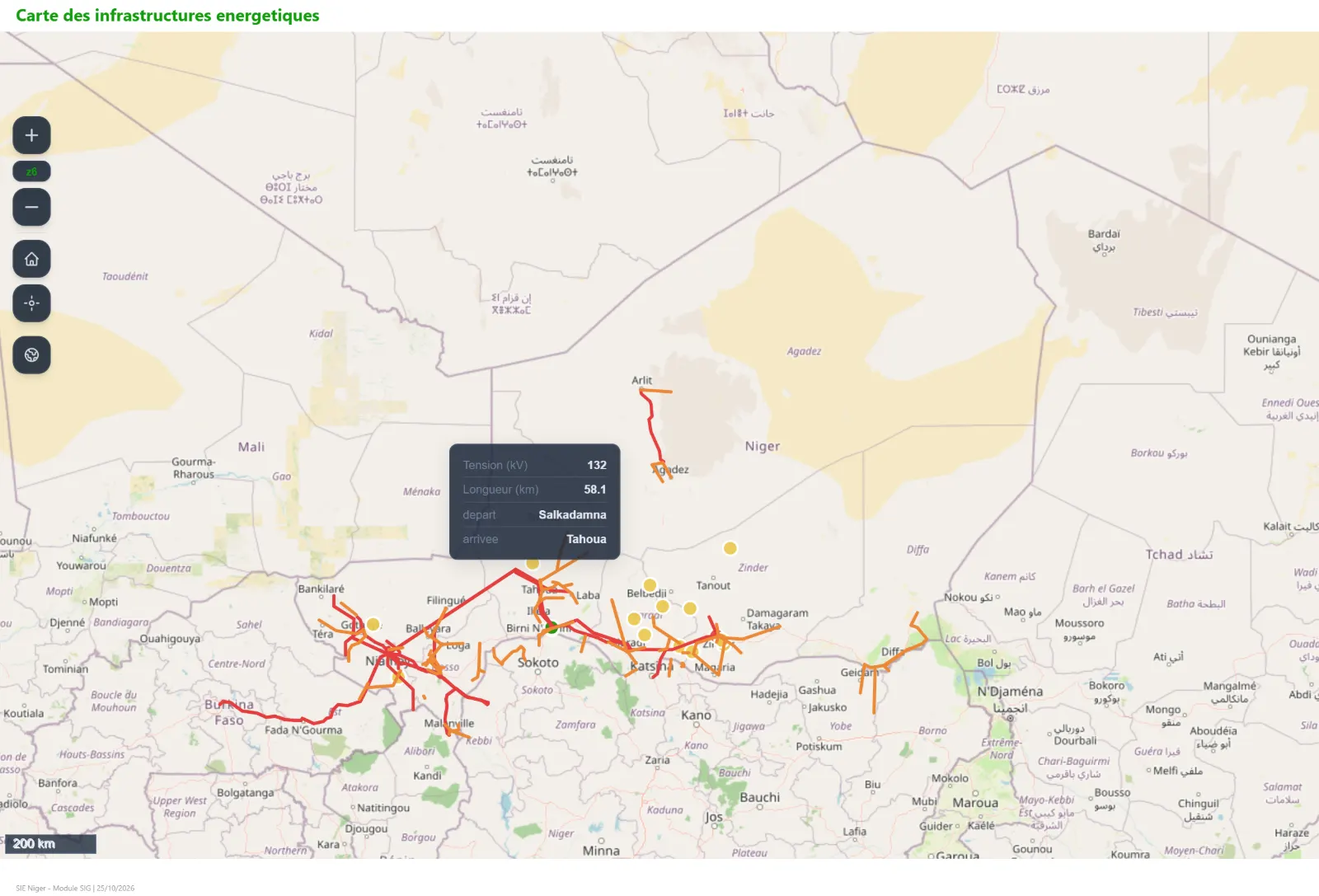 Map of energy infrastructure in Niger: transmission lines and facilities
